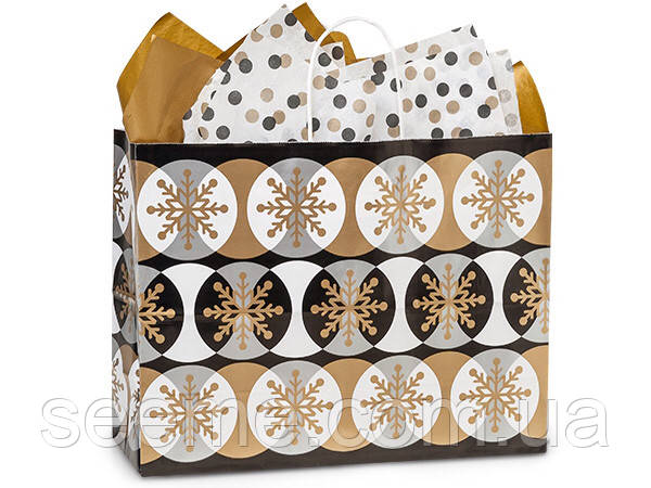 Пакет новогодний "Golden snowflakes" 405x305x150 мм, фото 1