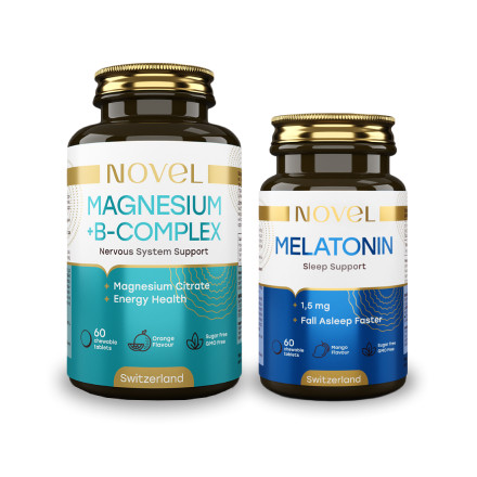 Мелатонін Магній, Magnesium №60, Melatonin №60, NOVEL, Набір вітамінів жувальних 2 шт (1+1), знижка на набір 40%, фото 1