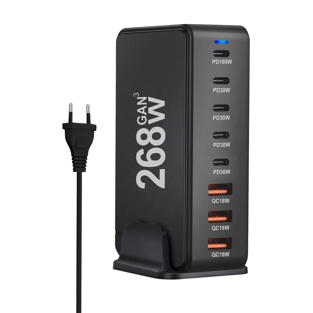 Настільний USB зарядний пристрій хаб швидка зарядка 8 в 1 268W (5 USB Type-C, 3 USB Type-A) Чорний