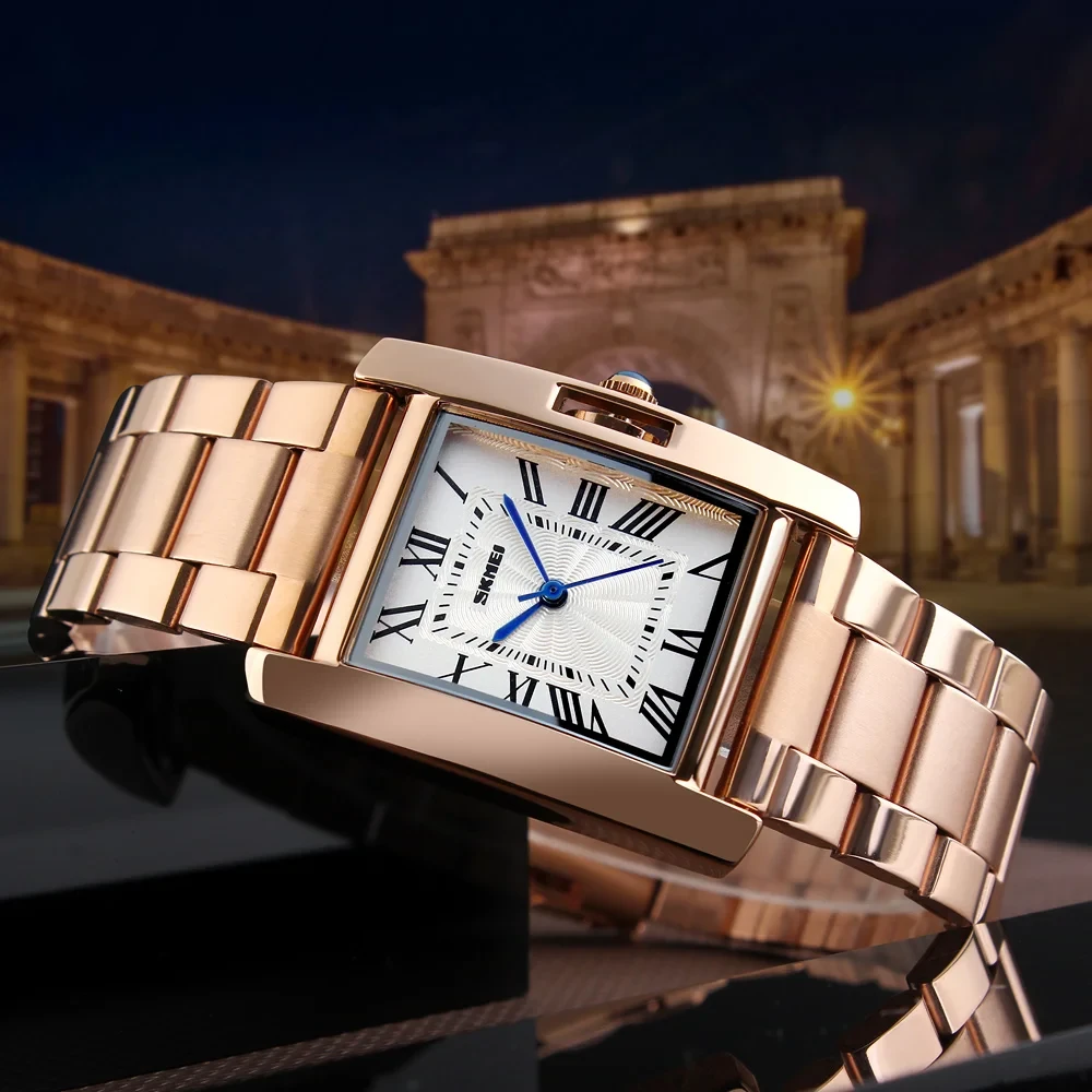 Жіночий прямокутний класичний наручний годинник Skmei 1284RG Rose Gold з металевим браслетом