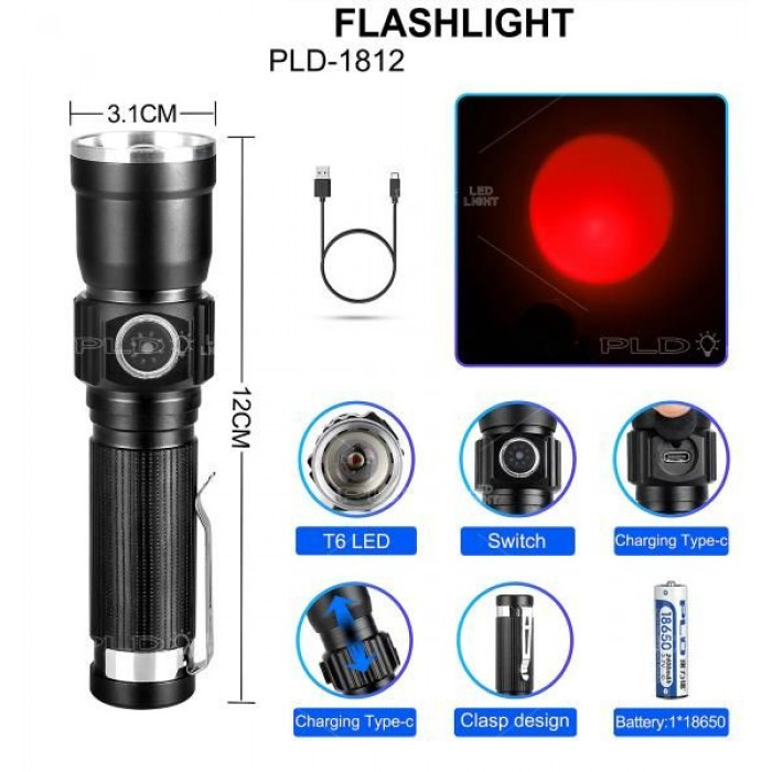 Тактичний ліхтар PLD-1812-T6 з червоним світлом 1 РЕЖИМ 1х18650, З/У USB -Type C
