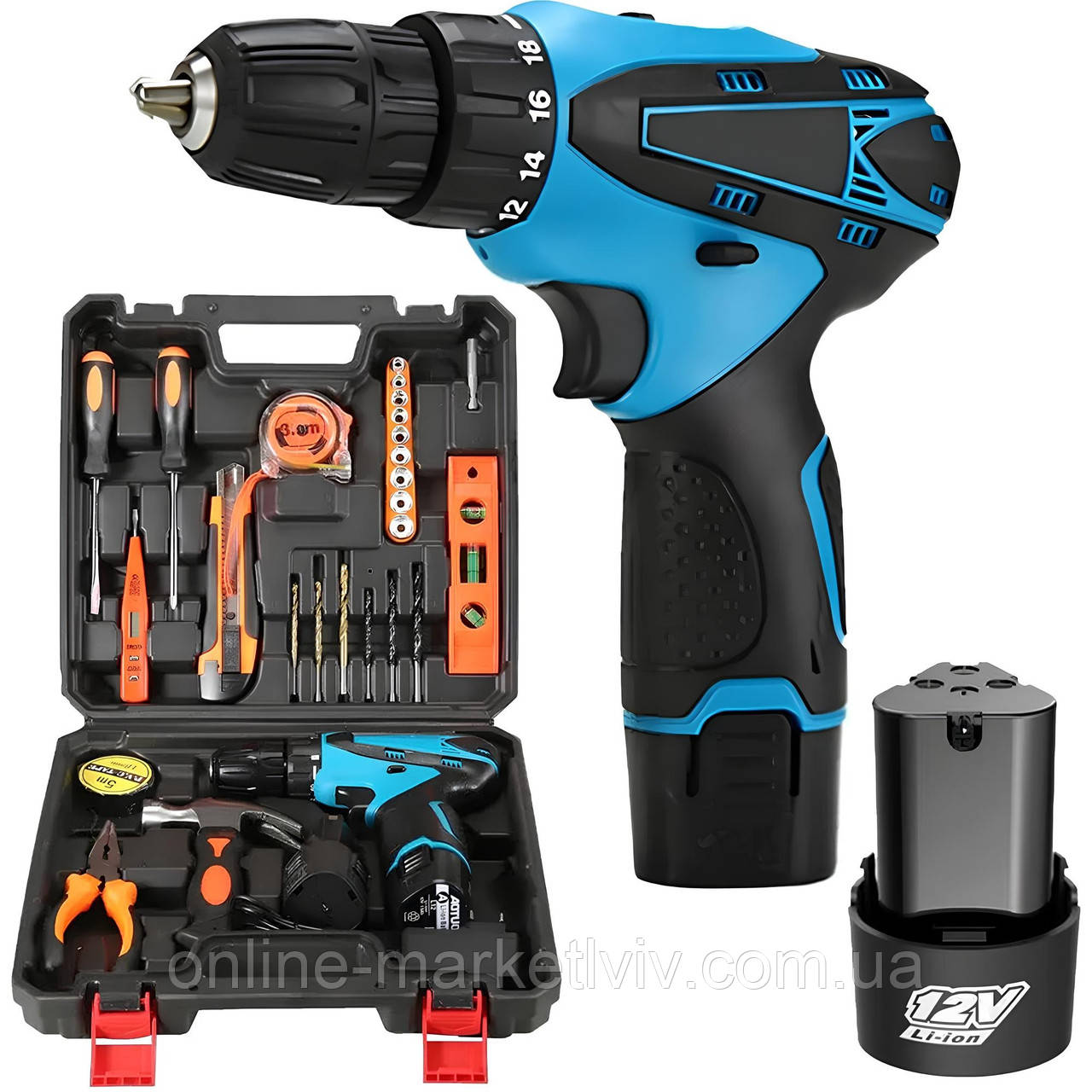 Шуруповерт акумуляторний 12V з набором інструментів + 2 акумулятори / Дриль-шуруповерт з набором біт і свердел, фото 1