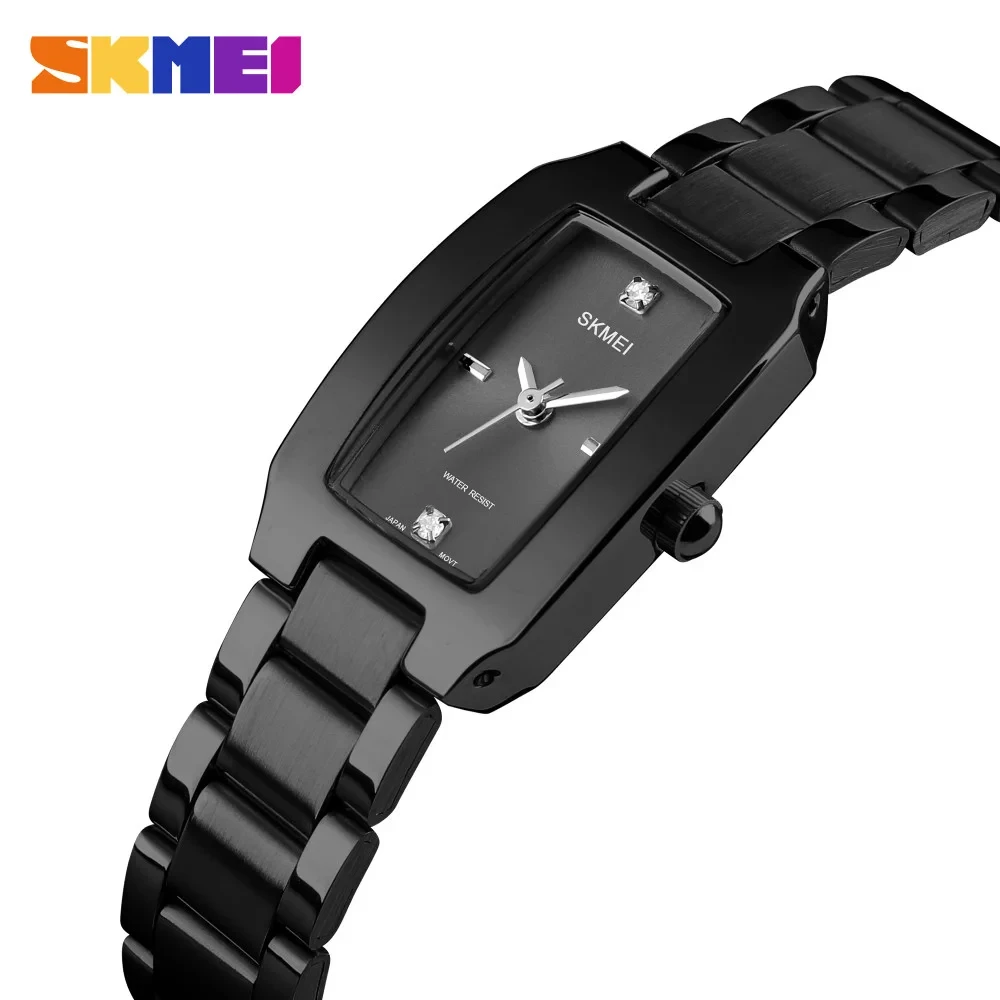 Жіночий прямокутний чорний класичний наручний годинник Skmei 1400BK Black з металевим браслетом