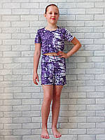 Пижама детская оптом летняя для девочки, короткая футболка с шортами (леопард сиреневый) р.32 36 40