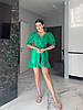 Зелена жіноча літня легка коротка муслінова сукня на кулісці з воланом і рукавами ліхтариками, фото 4