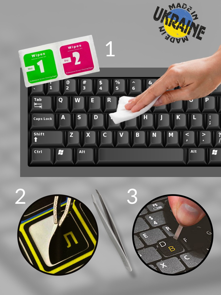 Нестираюча наклейка на клавіатуру Українська / Англійська / Українська 12 х 12 мм чорний / Жовті букви, фото 1