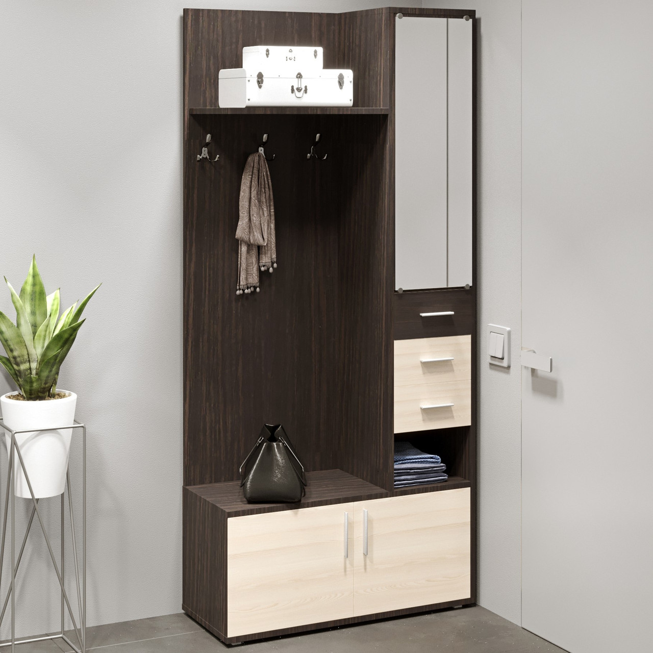 Передпокій із дзеркалом Рів'єра Венге темний, Дуб молочний (90х38х200) Еверест, фото 1