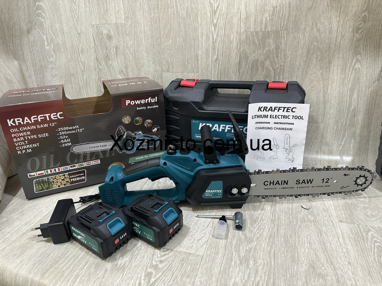 Акумуляторна пила 12 дюймів Krafftec Німеччина [52V 6Ah / 2500 Вт / 2 акумулятори] з автоматичним мастилом