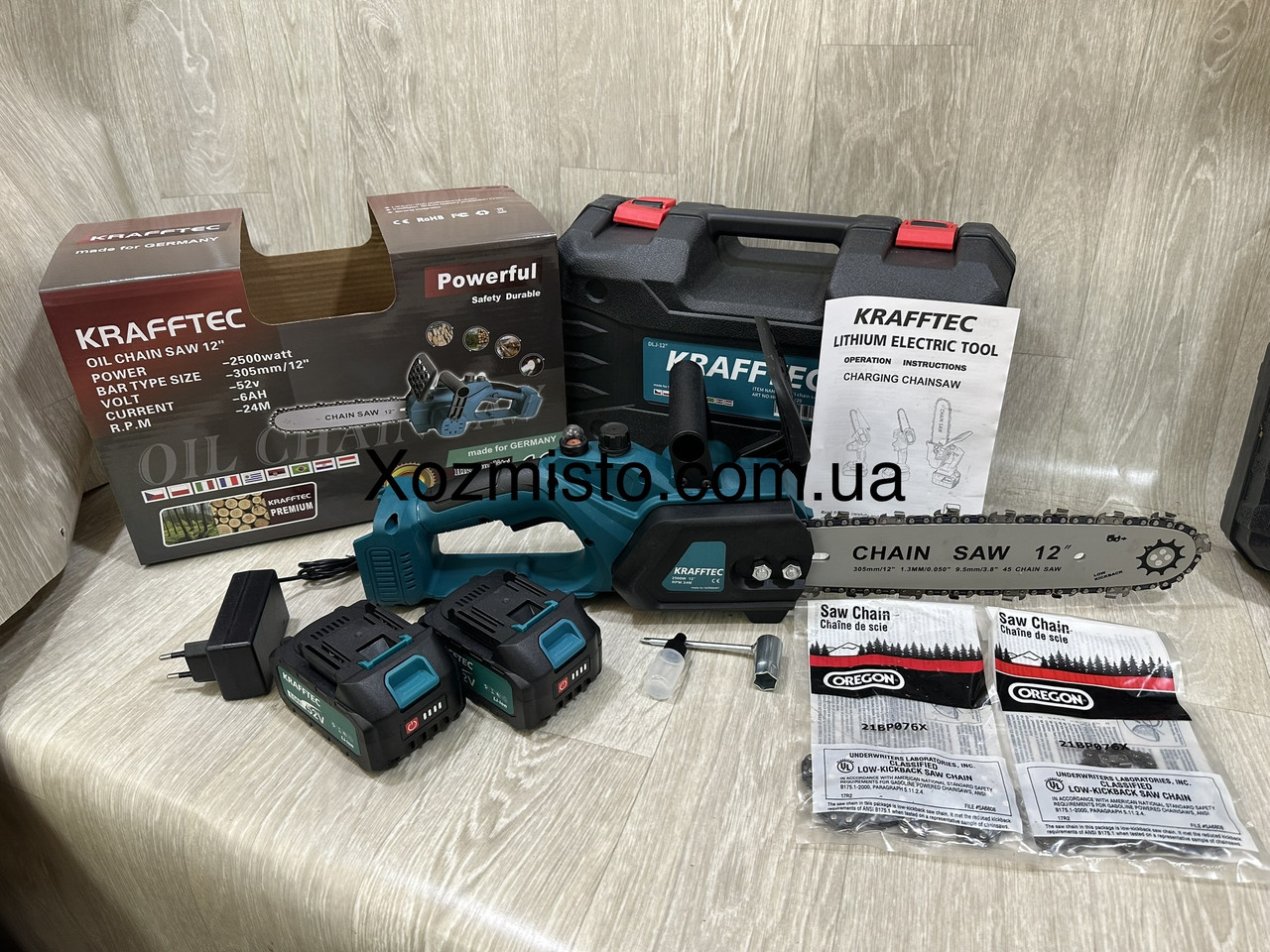 Акумуляторна пила 12 дюймів Krafftec Німеччина [52V 6Ah / 2500 Вт / 2 акумулятори] з автоматичним мастилом