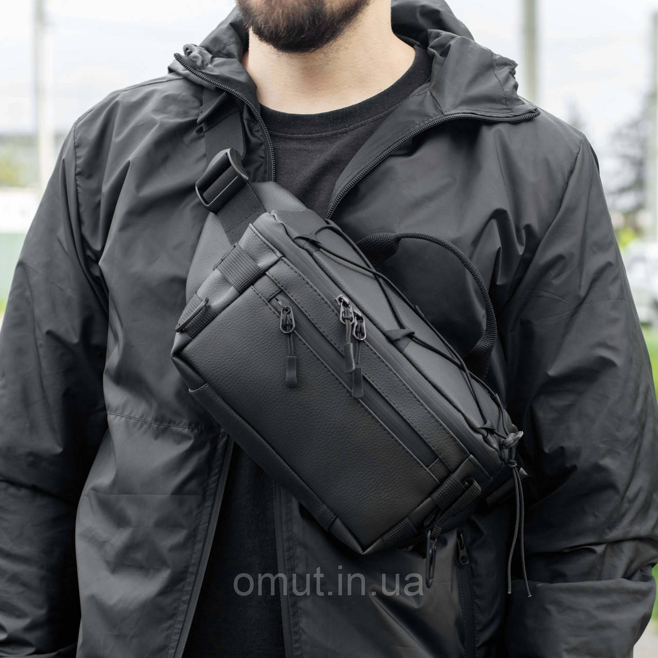 Нагрудна поясна сумка (бананка) STORM через плече чорна тканинна тактична з екошкіри, фото 1