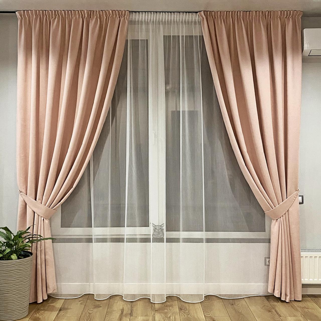 Комплект штори 2 шт з підхватами 180х250 см мікровелюр Рожево-пудровий та тюль бамбук 300 см Тепло-білий, фото 1