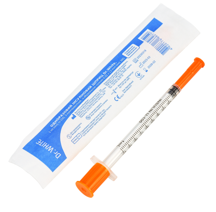 Одноразовий інсуліновий шприц Dr. White, 1 ml (мл), U-100, із вбуд. голкою 0,32х13 mm (мм) 30G