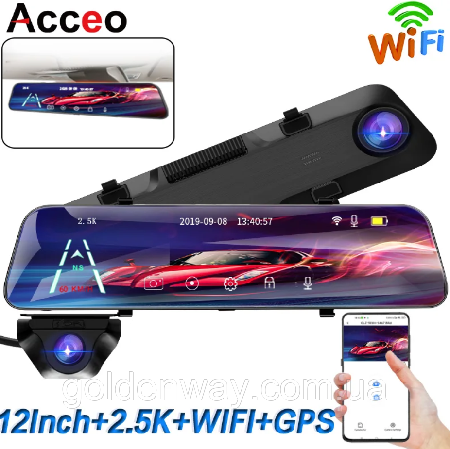 Дзеркало з відеореєстратором E-ACE A38 з екраном 12 дюймів 2.5K Sony IMX335 1440P WiFi + задня камера паркування 1080P 6 м