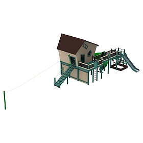 Ігровий дитячий вуличний дерев'яний комплекс База супергороїв зі спіральним спуском 150см з містком переходом і пісочницею  Дитячи