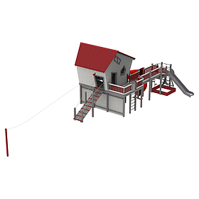 Ігровий дитячий вуличний дерев'яний комплекс База супергороїв з металевою горкою 180см з містком переходом і пісочницею