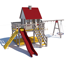 Дитячий ігровий дерев'яний вуличний комплекс Будиночок Принцеси з гвинтовим спуском 150см і гойдалками