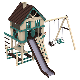 Ігровий дитячий вуличний дерев'яний комплекс Дача з металевою горкою 180см з гойдалками для дачі