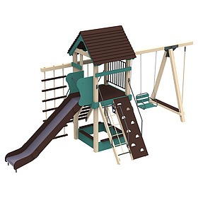 Ігровий дитячий вуличний дерев'яний комплекс Свято Малюка з металевою горкою 150см з гойдалкою і лазами