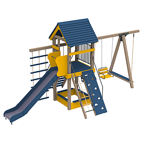 Ігровий дитячий вуличний дерев'яний комплекс Свято Малюка з пластиковою горкою 150см з гойдалкою і лазами