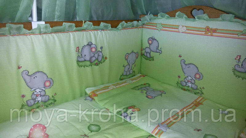 Постільний комплект із захистом в дитяче ліжечко "Слоненята", фото 1