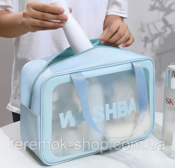Косметичка органайзер для косметики сіро-блакитна прозора з еко-шкіри Washbag 25х15х9 з ручками дорожня