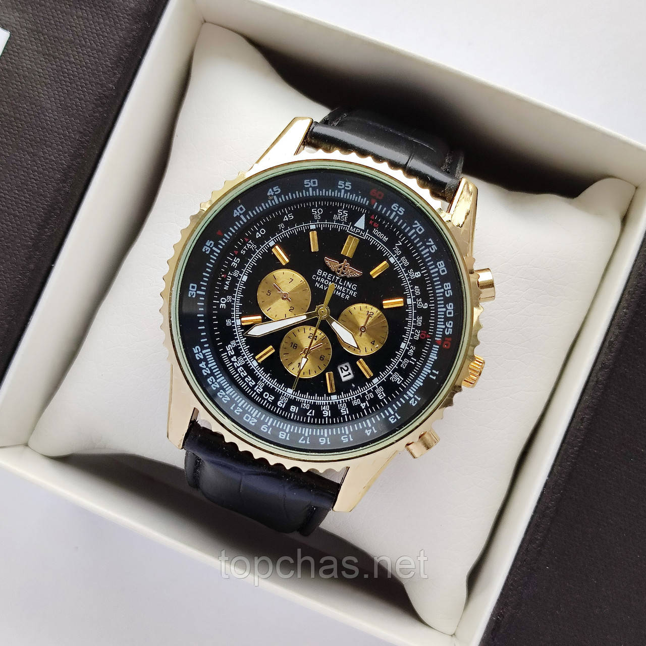 Кварцовий чоловічий наручний годинник Breitling (Брітлінг) золотистий з чорним, на ремінці, дата - код 2422b
