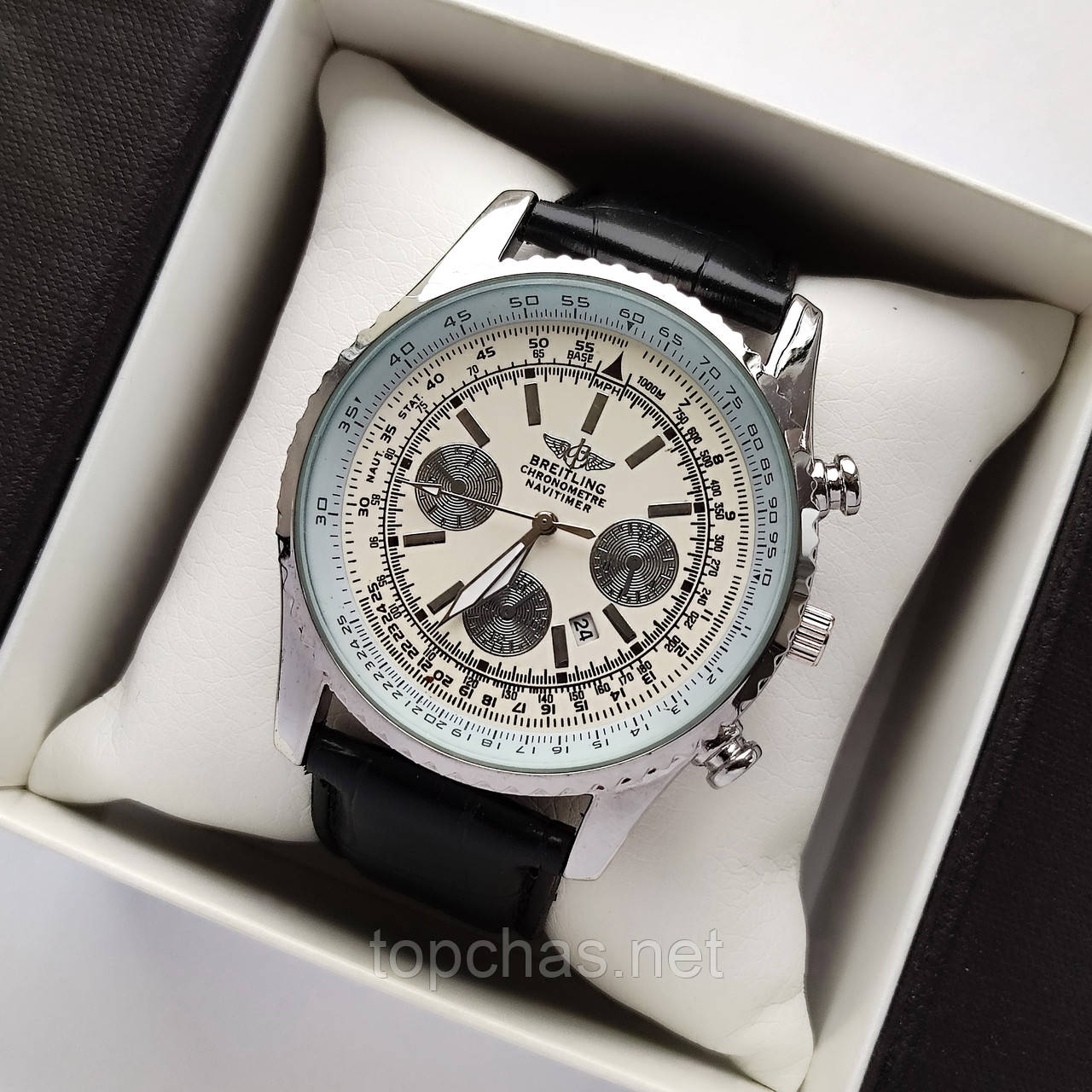 Кварцовий чоловічий наручний годинник Breitling (Брітлінг) сріблястий з білим, на ремінці, дата - код 2423b