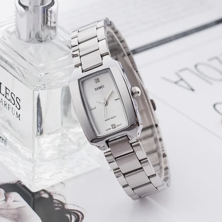 Жіночий прямокутний класичний наручний годинник Skmei 1400SI Silver срібло з металевим браслетом