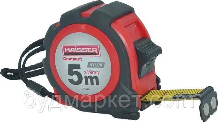 Рулетка HAISSER Compact 5 мx25 мм, нейлон, прогумований корпус, 2 стопи, магніт