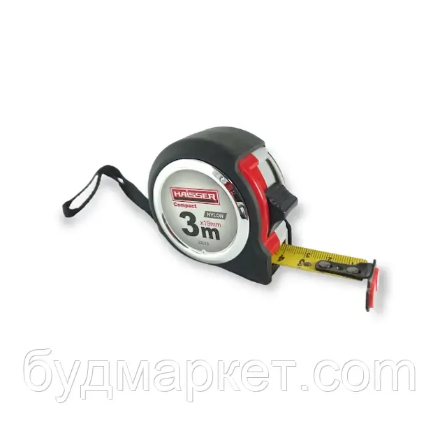 Рулетка HAISSER Compact 3 мx19 мм, нейлон, прогумований корпус, 2 стопи, магніт
