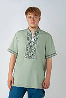 Сорочка вишиванка чоловіча з коротким рукавом Family look 52,54,56р ФІСТАШКА БЛАКИТНА льон