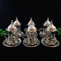 Набір стаканчиків для чаю, армуди чорні, з блюдцями, для подачі чаю та кави, турецький сервіз мідний, 120 мл