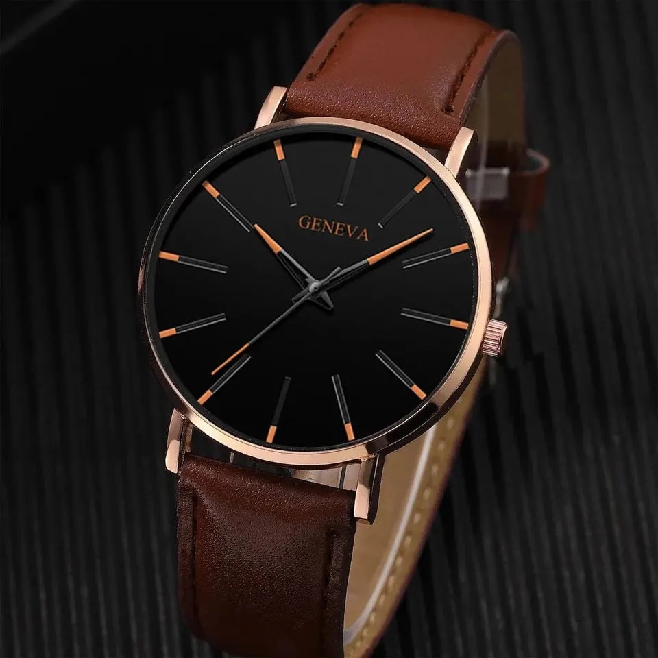 Жіночий годинник Geneva Classic steel watch чорний із коричневим ремінцем