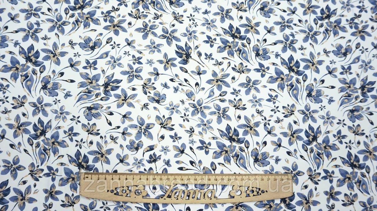 Тканина американський креп колір молочний із сірими квітами "Квіткова феєрія", фото 1