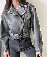 Укорочена сіра жіноча куртка косуха vintage з поясом No2371