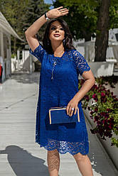 Яскрава синя ошатна вечірня батальна жіноча сукня до колін вільного силуету з гіпюру на підкладці