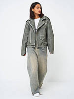 Жіноча сіра трендова куртка косуха з екошкіри на підкладці No2456