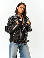 Жіноча чорна трендова куртка косуха з екошкіри на підкладі No2456