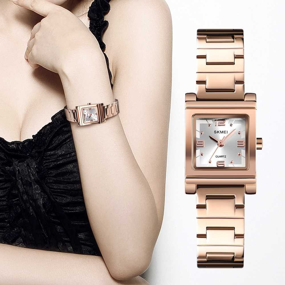 Жіночий класичний наручний годинник квадратний Skmei 1388RG Rose Gold рожеве золото з металевим браслетом