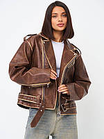Жіноча коричнева трендова куртка косуха з екошкіри на підкладці No2456