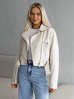 Укорочена молочна жіноча куртка косуха оверсайз із поясом No2372