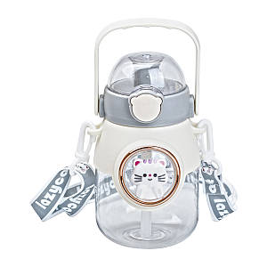 Дитяча пляшка для води з трубочкою і ручкою 820 мл прозора фляга для напоїв з дозатором і ремінцем сіра