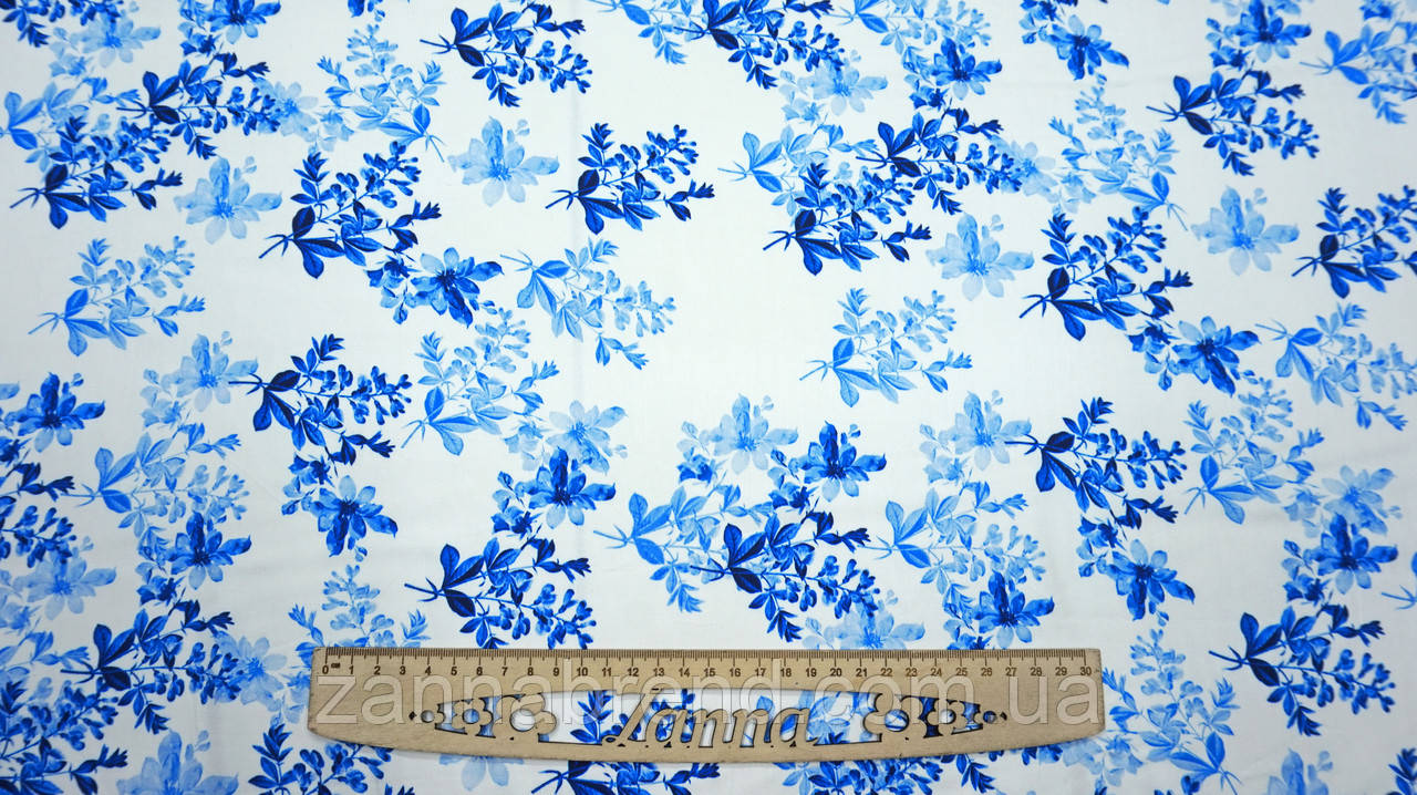Штапель-шовк колір молочний з синім принтом "Квіткова вуаль", фото 1