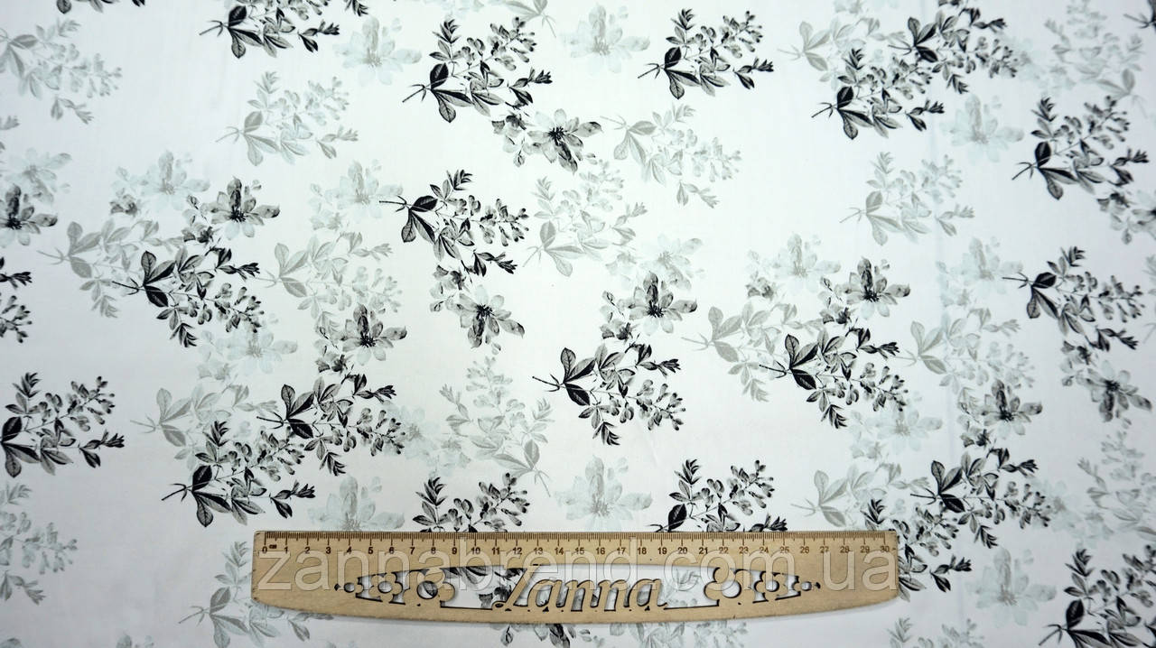 Штапель-шовк колір молочний з сірим принтом "Квіткова вуаль", фото 1