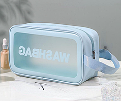 Сумка косметичка органайзер для косметики сіро- блакитна прозора  з еко-шкіри Washbag 20х12х7см з ручкою дорожня