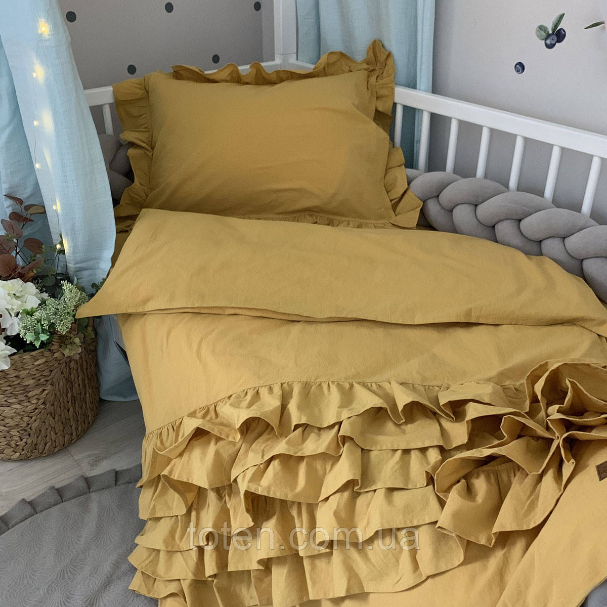 Комплект постільної білизни підліток варена бавовна з рюшем гірчиця топ, фото 1