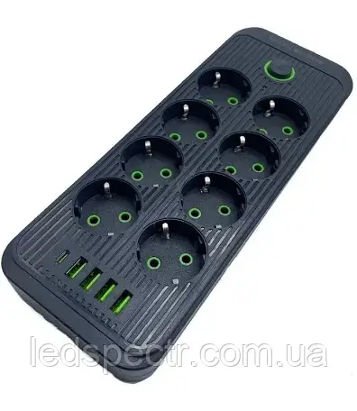 Мережевий фільтр живлення Power Strip F20U 8 розеток +4 USB + Type-C Port 2 m, мережевий подовжувач розеток, чорний, фото 1