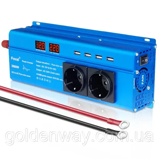 Автомобільний перетворювач напруги інвертор Foval з 12 V на 220 V AC/DC 3000 W 3000 Вт Чистистий СИНУС, фото 1