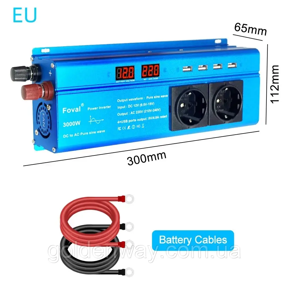 Автомобільний перетворювач напруги інвертор Foval з 12 V на 220 V AC/DC 3000 W 3000 Вт Чистистий СИНУС