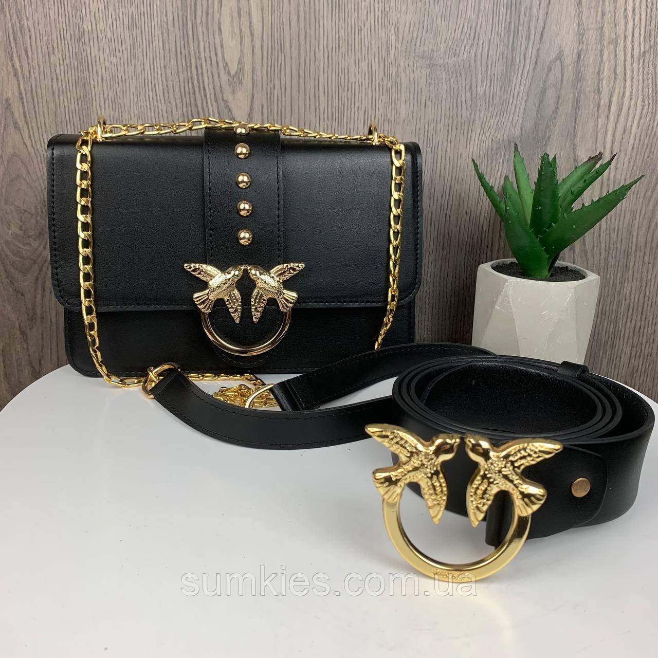 Набір жіноча сумочка клатч пташка Пінко + жіночий шкіряний ремінь Pinko 2 в 1, фото 1